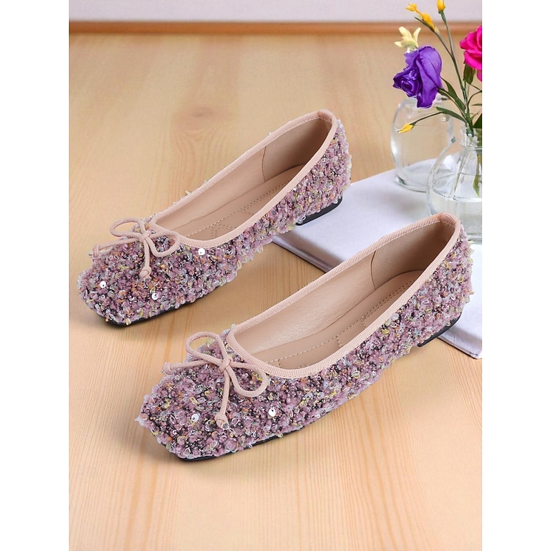 Women's Sequin Tweed Square Toe Ballet Flats with Bow - Retro French Style Slip-On Shoes for Casual, Autumn Outfits and Garden Parties2
