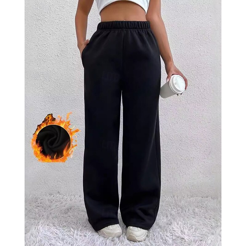 Women's Wide Leg Slacks Streetwear Casual Full Length Natural Plain Pocket Elastic Waist Comfortable Vacation Daily Going out Grey Black Winter Regular Fit