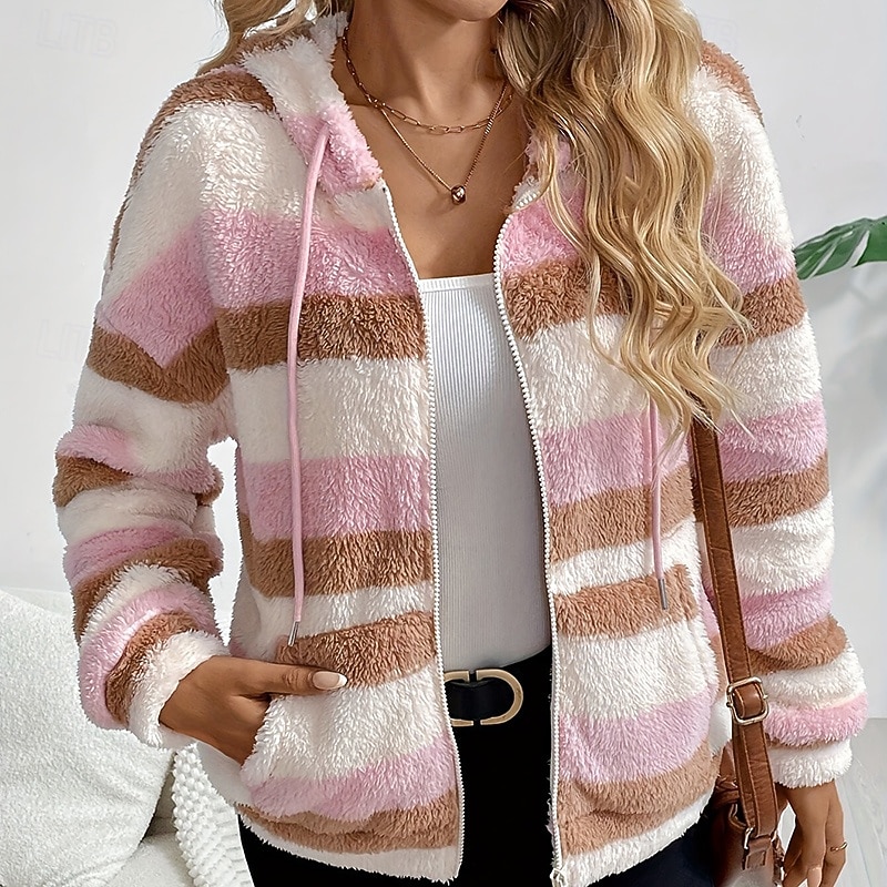 Women's Double Fuzzy Sweatshirt Thick Warm Drawstring Long Sleeve Sports Stripes Top For Outdoor Travel Vacation Activewear3