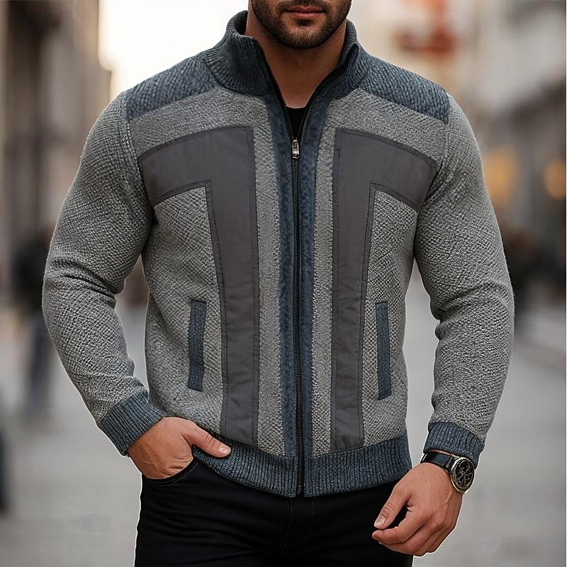 Men's Sweater Dress Sweater Cardigan Sweater Zip Sweater Knit Sweater Ribbed Knit Regular Tops Knitted Ribbed Plain Standing Collar Fashion Shawls Casual Daily Wear Clothing Apparel Fall Winter Navy