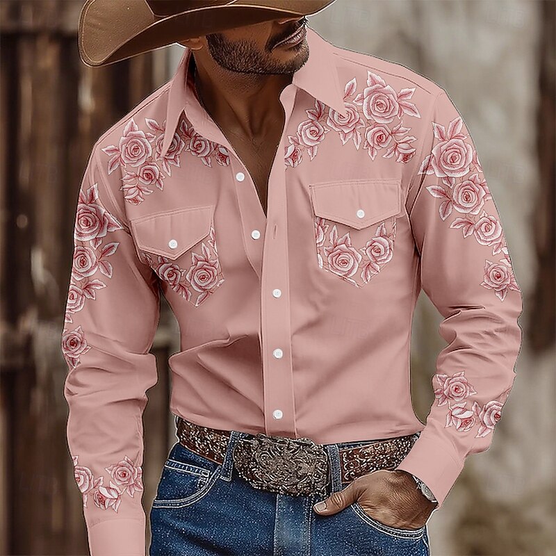 Men's Floral Print Flowers Shirt Western Shirt Cowboy Shirt Long Sleeve Vintage Retro Outdoor Casual WorkWear Spring Fall Turndown Front Two Pockets Button Up Shirts Pink Blue Green Khaki