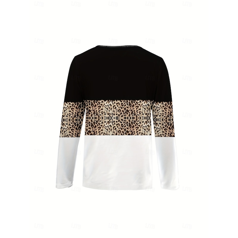 Women's T Shirt Graphic Leopard Color Block Vintage Stylish Classic Long Sleeve Round Neck Regular Tops Daily Weekend Zipper Print White Pink Blue Purple Green Spring Fall Winter3