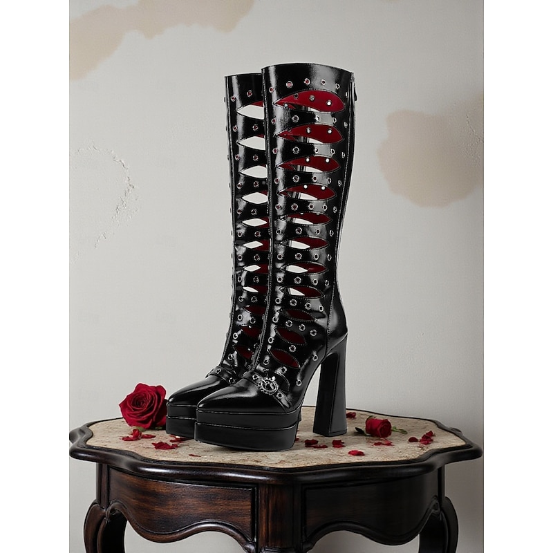 Women's Gothic Hollow Out Knee High Boots, Retro Platform Lace Up Heeled Boots with Cutout Design, Stylish Costume Footwear for Halloween Party Outfits