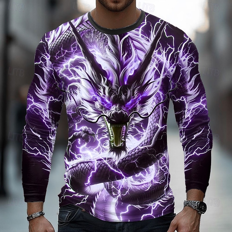 Men's Dragon Lightning 3D T Shirt Long Sleeve T shirt 3D Print Crew Neck Shirt Fashion Basic Street Casual Daily Blue Purple Green Summer Spring Clothing Apparel S M L XL XXL XXXL3