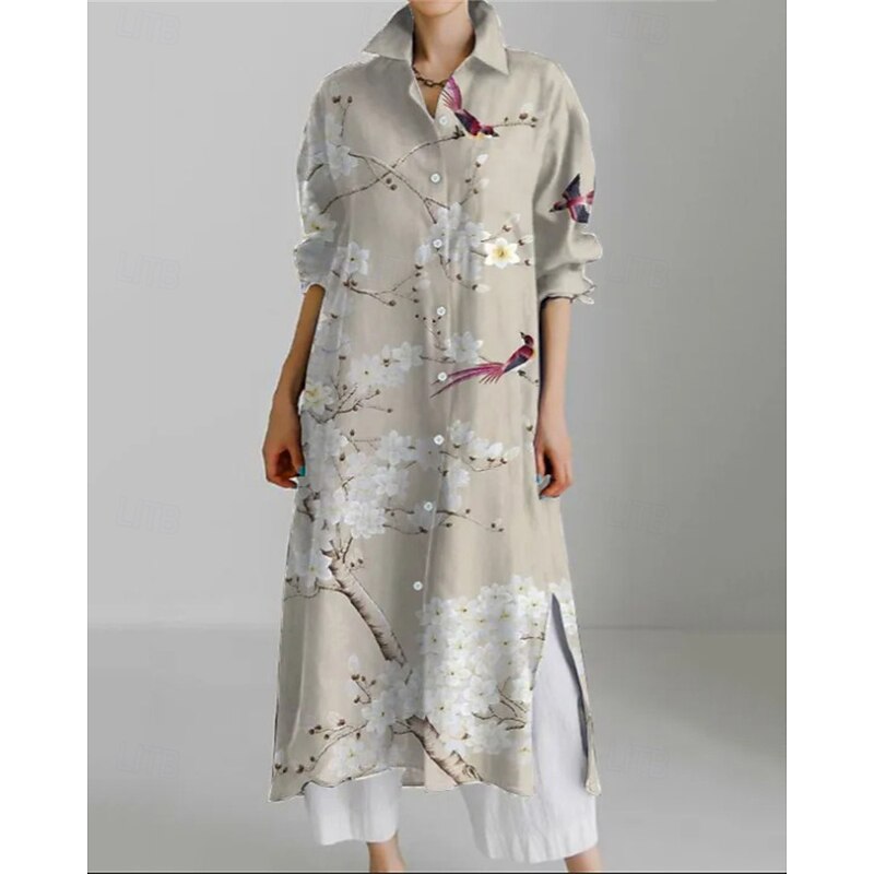 Women's Long Dress Maxi Dress Shirt Dress Casual Dress Print Dress Fashion Modern Daily Weekend Regular Fit Animal Flower Long Sleeve Shirt Collar White Orange Khaki Rose Spring Fall3