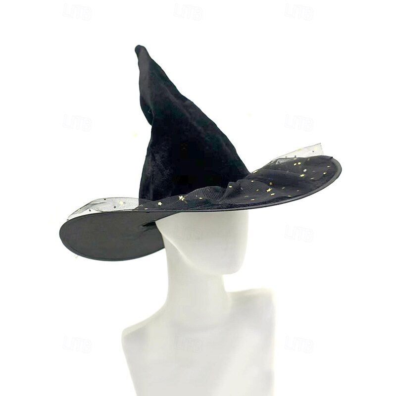 Women's Halloween Witch Hat – Black Velvet Pointed Hat with Spider and Star Mesh Trim for Costume Party, Cosplay and Dress Up Accessories2