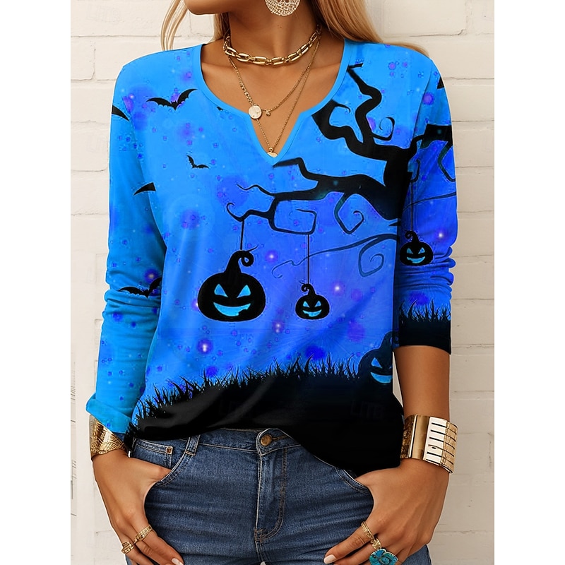 Halloween Women's T shirt Pumpkin Long Sleeve Graphic Vintage Stylish Casual Long Sleeve Notched Neck Regular Tops Daily Print Blue Purple Orange Green Spring Fall Prefall4