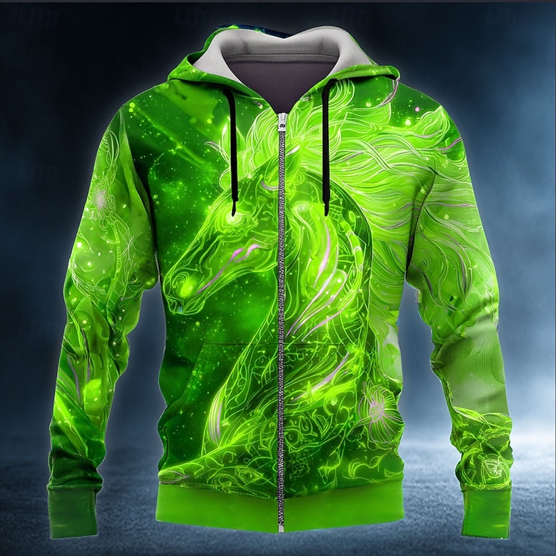 Men's 3D Hoodie Jacket Sweatshirt Fantasy Pegasus All Over Print Zip Vacation Going out Streetwear Blue Dark Green Zipper Fall Winter Designer2