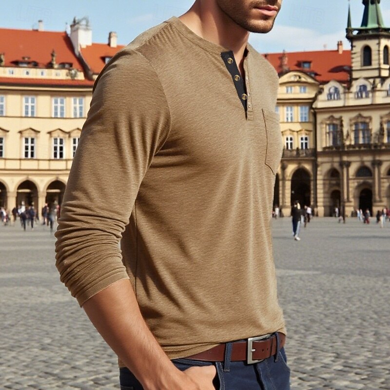 Men's T Shirt Henley Shirt Tee Tee Top Long Sleeve Henley Spring Fall Plain Fashion Designer Basic Pocket Vacation Street Going out Light Blue Black White Top Tee for Men3