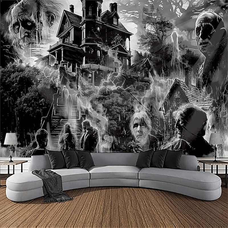 Halloween Wall Tapestry backdrop – Haunted House with Ghosts and Bats, Spooky Horror Wall Hanging for 2025 Halloween Bedroom and livingroom Decoration