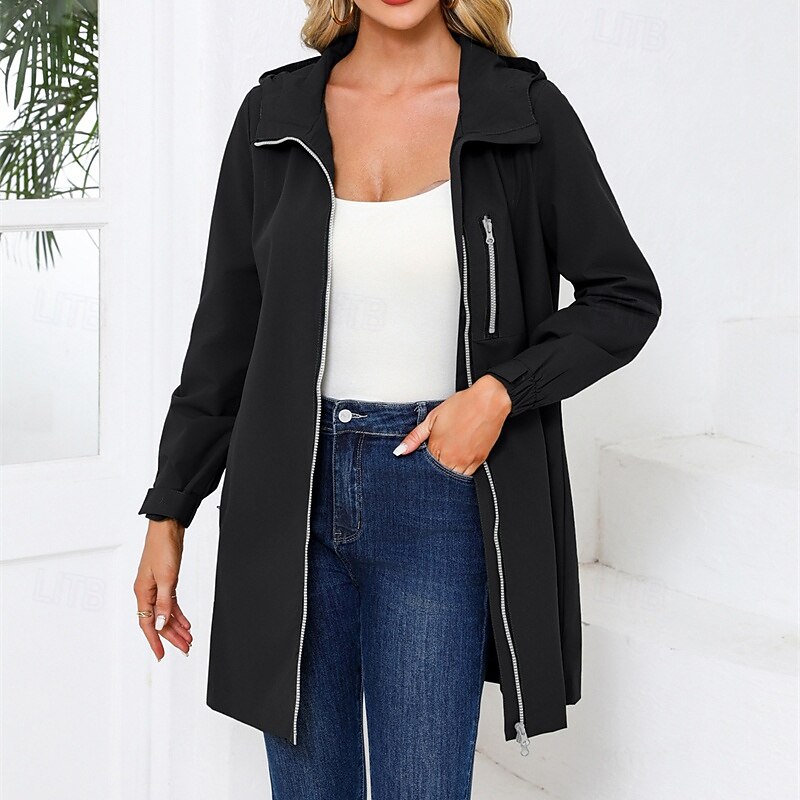Women's Trench Coat Waterproof Rain Jackets Rain Coats Waterproof Windproof Zipper Pocket Fashion Outdoor Plain Going out Weekend Zipper Regular Hooded Regular Fit Long Sleeve Outerwear Light Blue3