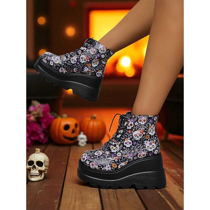 Women's Black Platform Skull Lace-Up Boots - Halloween Chunky Sole Gothic Ankle Boots for Fall Parties, Cosplay and Day of the Dead4