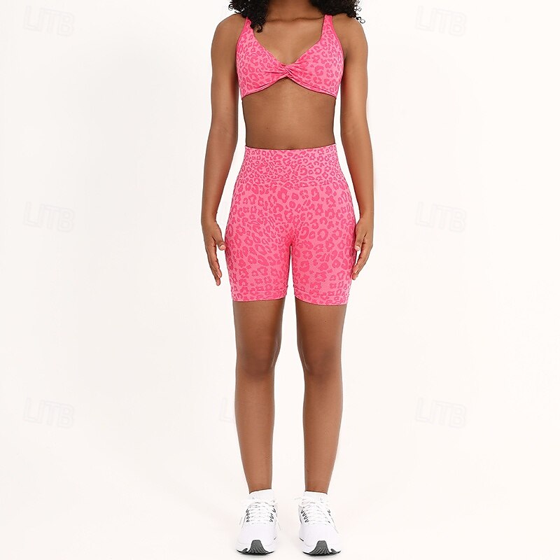 Women's 2 Pieces Yoga Sweatsuit Sports Bras Lounge Outfits  Leopard Clothing Suit White Pink Gym Workout Athletic High Waist Stretchy Breathable Tummy Control Sleeveless Sport Activewear2