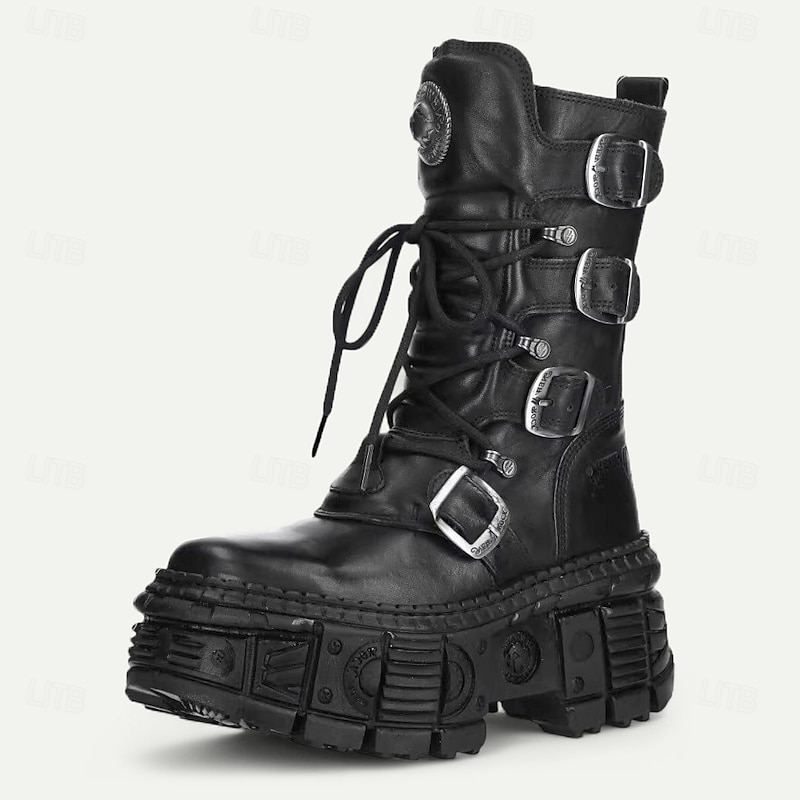 Men's Gothic Punk Combat Boots, Genuine Cowhide Leather with Buckle Straps and Chunky Platform Sole, Alternative Fashion Footwear for Parties, Festivals and Streetwear2