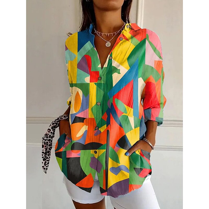 Women's Shirt Graphic Geometric Vintage Daily Casual Long Sleeve Shirt Collar Regular Tops Daily Holiday Print Pink Green Khaki Summer Spring3