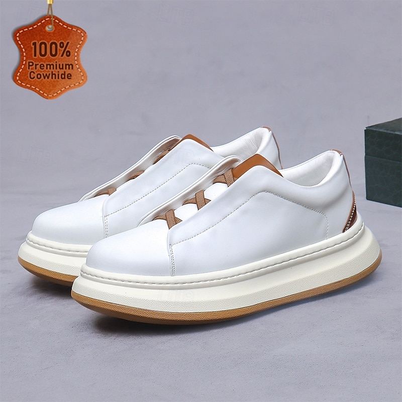 Men's Slip-On Sneakers - Faux Leather Casual Low-Top Shoes with Elastic No-Lace Design, Contrast Brown Accents, and Chunky Sole for Urban Streetwear, Travel, and Fashionable Everyday