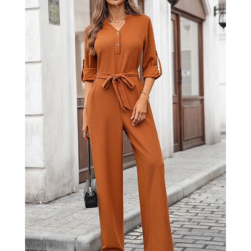 Women's Normal Jumpsuit Streetwear Solid Color Long Sleeve V Neck Pocket Buttons Street Daily Regular Fit Black Army Green Fuchsia Fall3