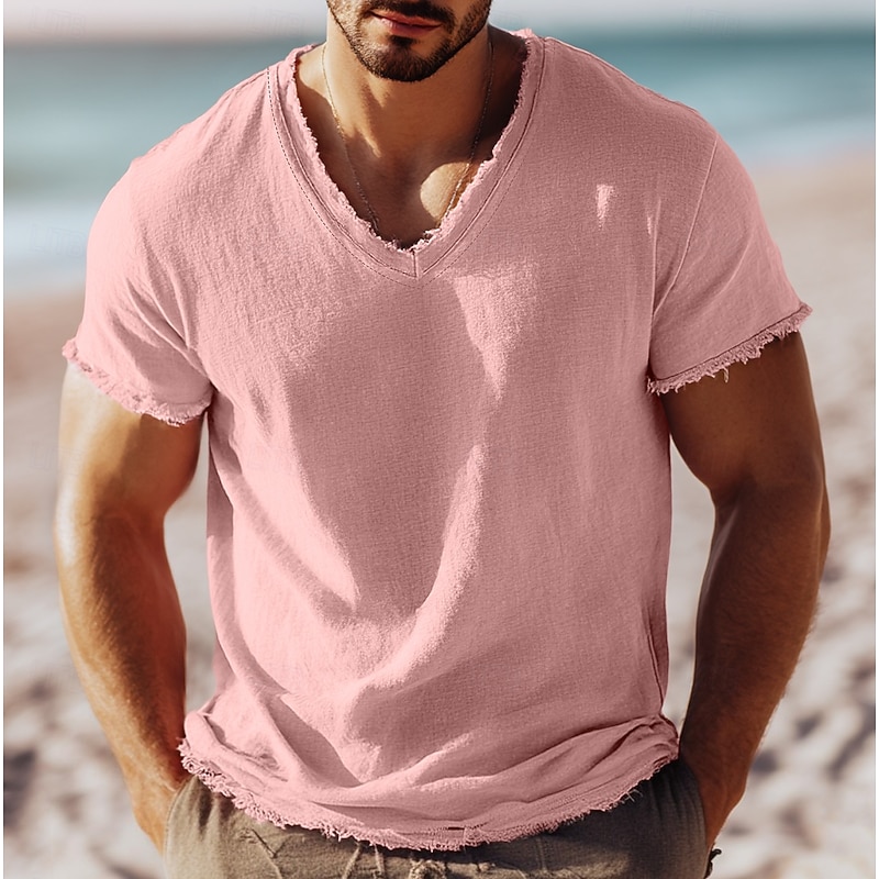 Men's Tee Top Linen T-Shirt Short Sleeve Short Sleeves V Neck Summer Plain Fashion Designer Basic Soft Vacation Street Casual Daily Pink White Light Blue Top Tee for Men3