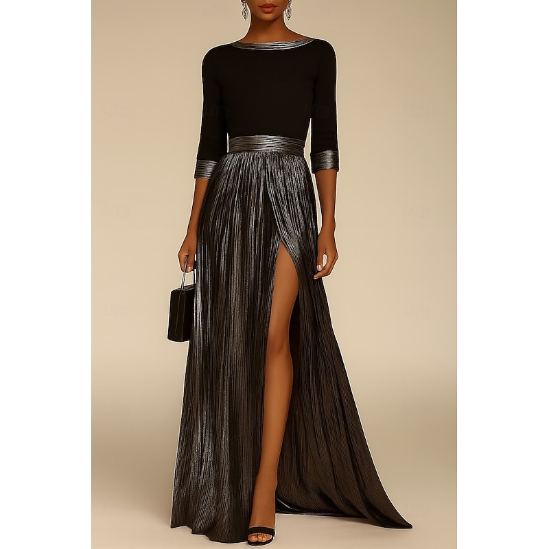 Black Gold A-Line Evening Gown Elegant Dress Formal Wedding Floor Length Long Sleeve Boat Neck Champagne Mother Of the Bride Dress Stretch Satin with Pleats 20253