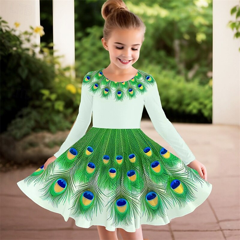 Girls' 3D Feathers Dress Long Sleeve Summer Spring Vacation Daily Holiday Princess Beautiful Sweet Kids 4-12 Years Casual Dress A Line Dress Knee-length Regular Fit3