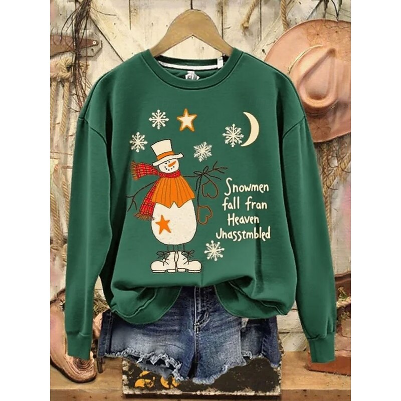Women's Pullover Graphic Snowman Casual Long Sleeve Crew Neck Regular Tops Street Dailywear Casual Print White Red Green Beige Fall Winter