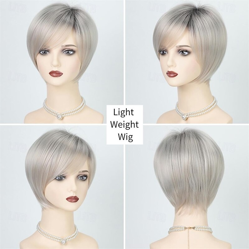 Blonde Short Hair Wigs for White Women Layered Ombre Platinum Pixie Bob Wig with Bangs Straight Realistic Synthetic Natural Daily Party Hair Replacement Wig4