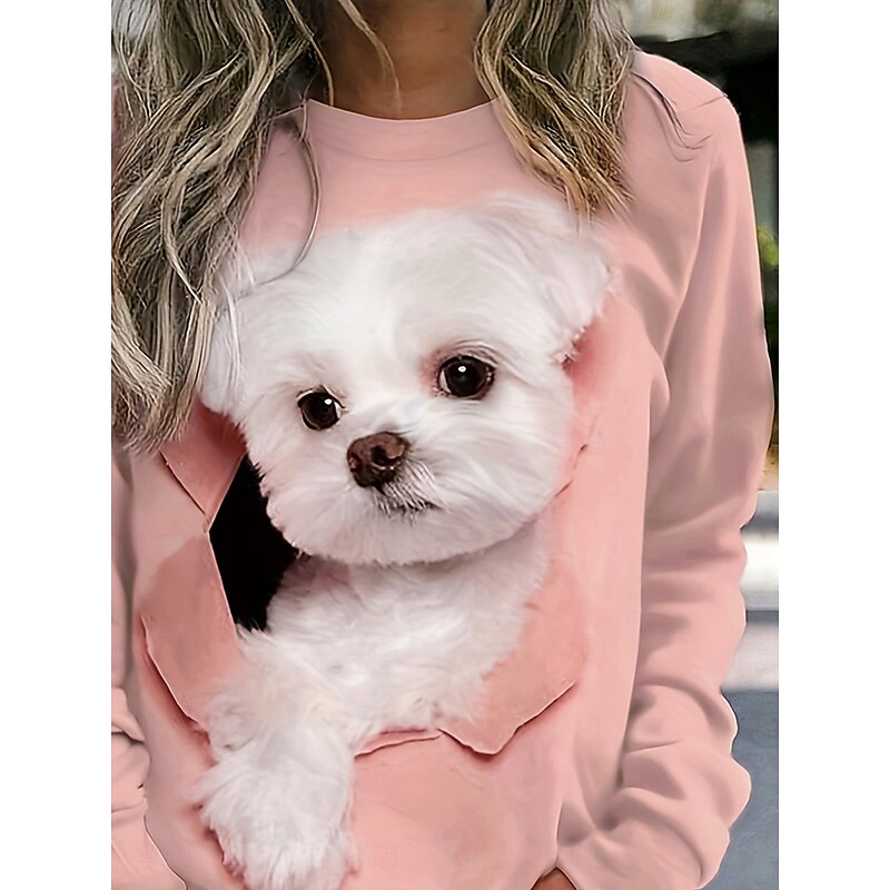 Women's Pullover Sweatshirt Graphic Animal Dog Warm Active Vintage Long Sleeve Crew Neck Regular Tops Street Dailywear Casual Patchwork Print Light Pink Spring Fall Winter3