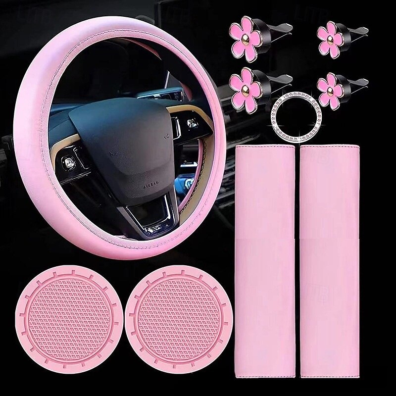 10 Pcs Steering Wheel Cover Set for Women 14.5-15 Inch Car Accessories with Seat Belt Shoulder Pad Seatbelt Cover Cup Holder Start Button Ring Sticker Air Vent Clip