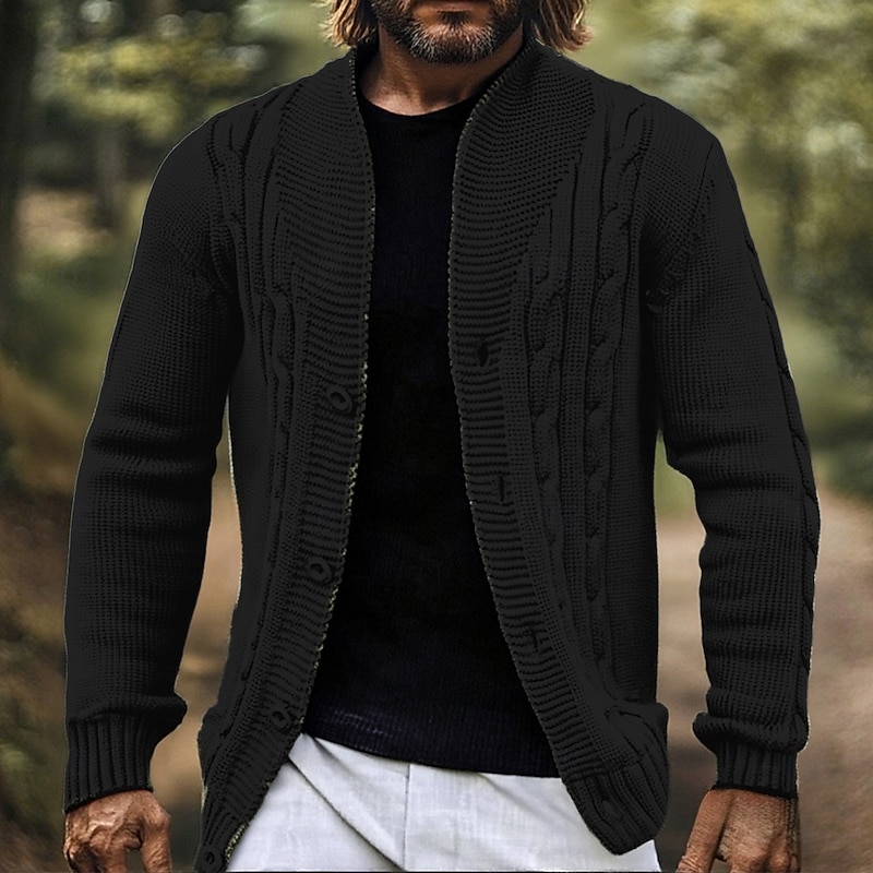 Men's Cardigan Sweater Cropped  Sweater Knit Sweater Cardigan Jacket Ribbed Cropped Knitted Knit Regular Tops Knitting Cable Solid / Plain Color Stand Collar Fashion Classic Vacation Daily Wear4