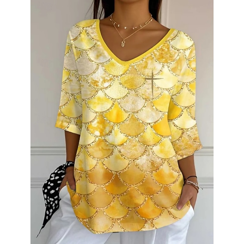Women's Blouse Graphic Daily Casual 3/4 Length Sleeve V Neck Regular Tops Daily Holiday Print Gold Summer Spring Fall