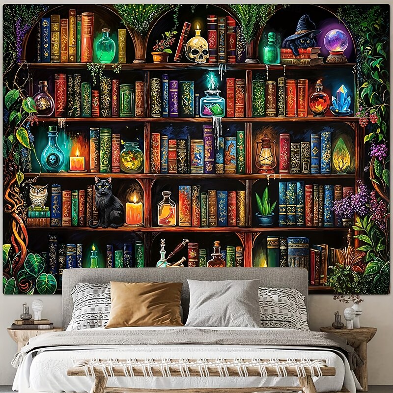 Witch Library Tapestry – Gothic Bookshelf Wall Hanging with Candlelit Magical Room Scene, Vintage Wall Decoration for Bedroom, Study or Living Room3