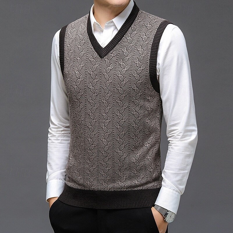 Men's Sweater Sweater Vest Pullover Sweater Jumper Ribbed Knit Regular Tops Knitted Slim Fit Geometric V Neck Knitwear Contemporary Casual Daily Wear Clothing Apparel Winter Spring &  Fall Blue Dark2