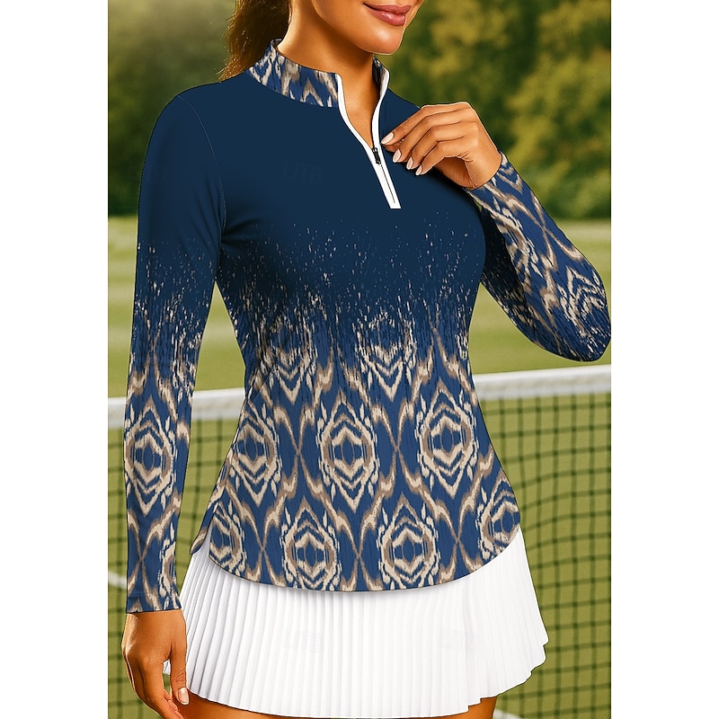 Women's Tops Golf Polo Shirt Tennis Shirt Tennis Tee Long Sleeve Print Quarter Zip Pullover UPF50+ UV Protection Elastic Breathable Volleyball Tennis Golf Stand Collar Zip Collar Shirt Polo Black