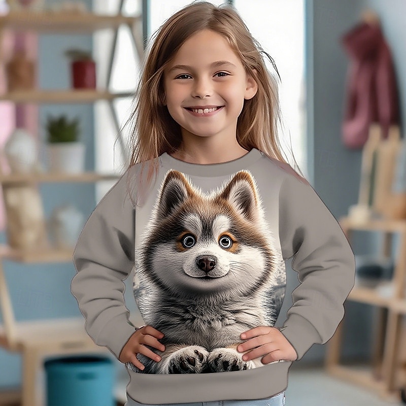 Girls' 3D Dog Sweatshirt Long Sleeve Spring Fall Fashion Basic Kids 4-12 Years Crew Neck Outdoor Casual Daily Regular Fit