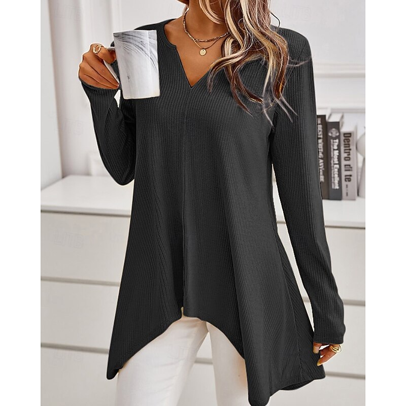 Women's Sweater Casual Solid Color Ribbed V Neck Knitted Asymmetric Hem Long Sleeve Regular Tops Knit Daily Holiday Going out Black White Fall