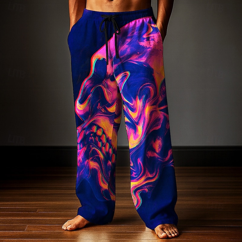 Halloween Men's Skull Halloween Costumes Trousers Baggy Pants Casual Pants Mid Waist Dark Gothic Style Holiday Elastic Drawstring Waist Linen-Like Pants with Pockets Spring Fall 3D Print Black Green3