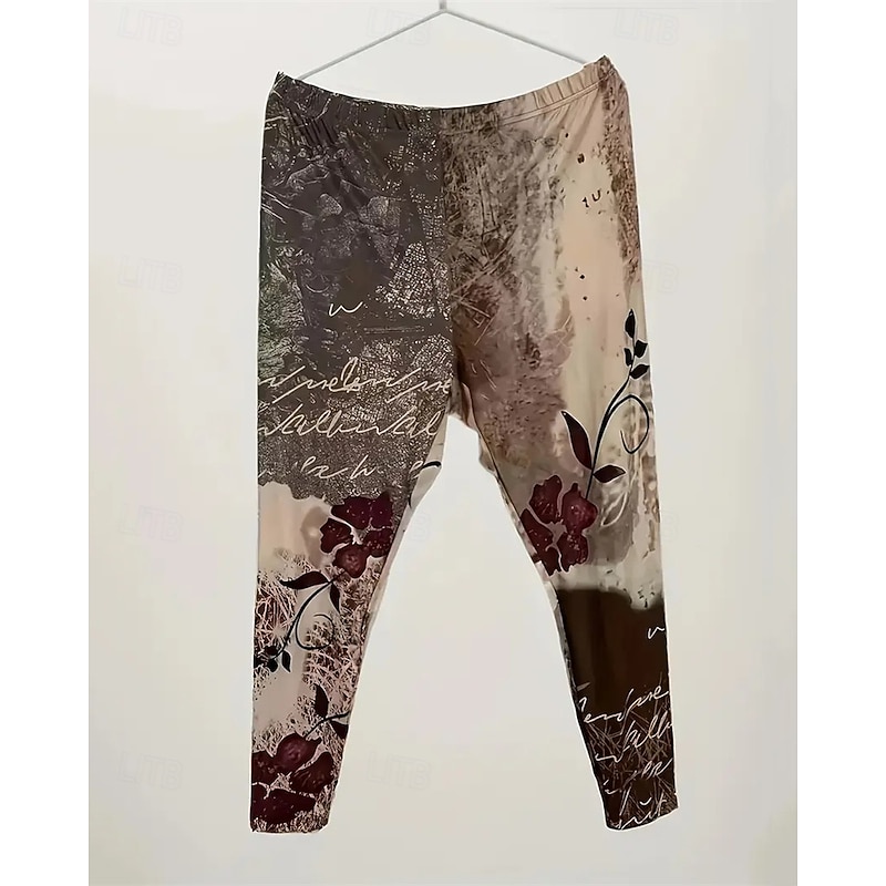 Women's Pants Trousers Leggings Cozy Leggings Streetwear Casual Full Length High Waist Floral Elastic Waist Print Breathability Comfortable Stretchy Vacation Street Daily Wear Brown Summer Spring Fall2