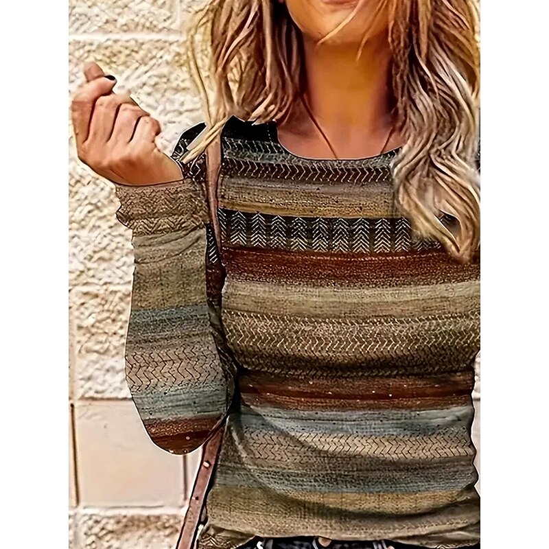 Women's T Shirt Graphic Geometric Striped Vintage Fashion Stylish Long Sleeve Crew Neck Regular Tops Daily Weekend Print Light Brown Spring Fall Winter2