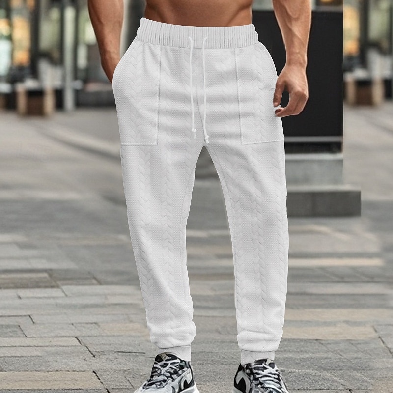 Men's Sweatpants Joggers Trousers Casual Pants Jacquard Drawstring Elastic Waist Solid Colored Moisture Wicking Breathable Full Length Outdoor Home Daily Fashion Streetwear Black White Stretchy