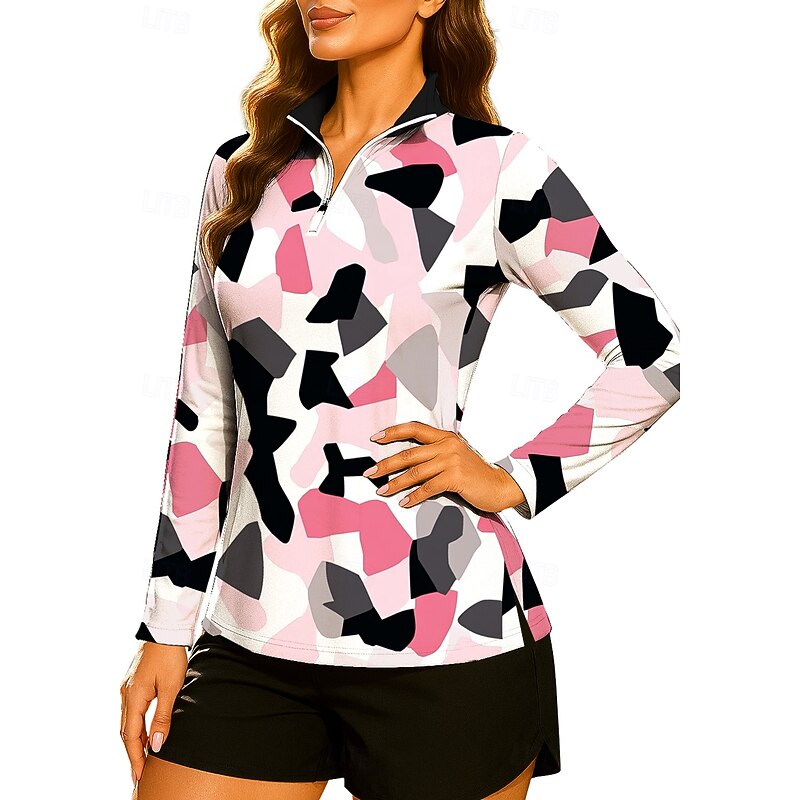 Women's Geometric Tops Golf Polo Shirt Tennis Shirt Long Sleeve Print Quarter Zip Pullover UV Protection Elastic Breathable Tennis Golf Pickleball Stand Collar Zip Collar Shirt Sweatshirt Pink Tennis3