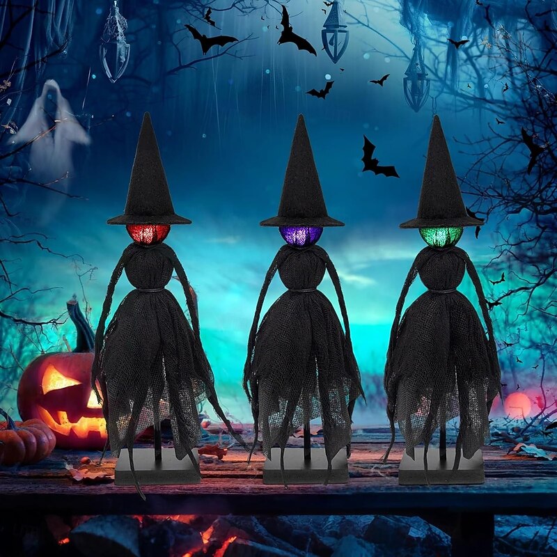 3 Pack Vintage Witch with Hats 3 LED Colors Spooky Halloween Witch Statue for Mantel, Home, Kitchen, Office, Shelf, Porch, Tabletop, Halloween Decor