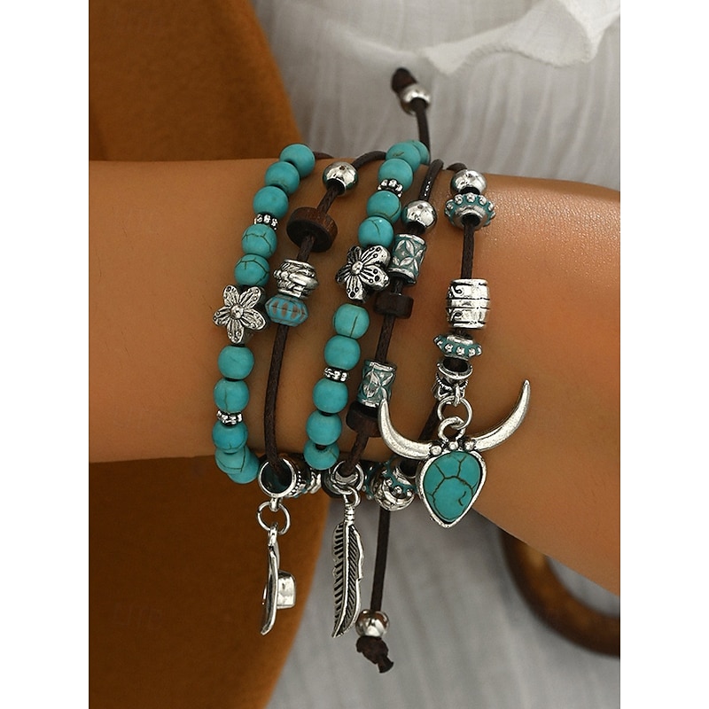 Women's Bohemian Layered Turquoise Beaded Bracelet Set – Adjustable Multilayer Charm Bracelets for Summer, Festivals and Casual Wear2