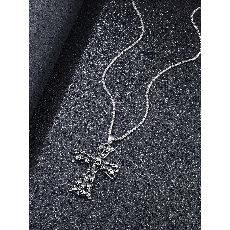 Men's Halloween Skull - Embedded Cross Pendant Necklace, Gothic Style, Ideal for Festive Parties & Daily Edgy Looks4