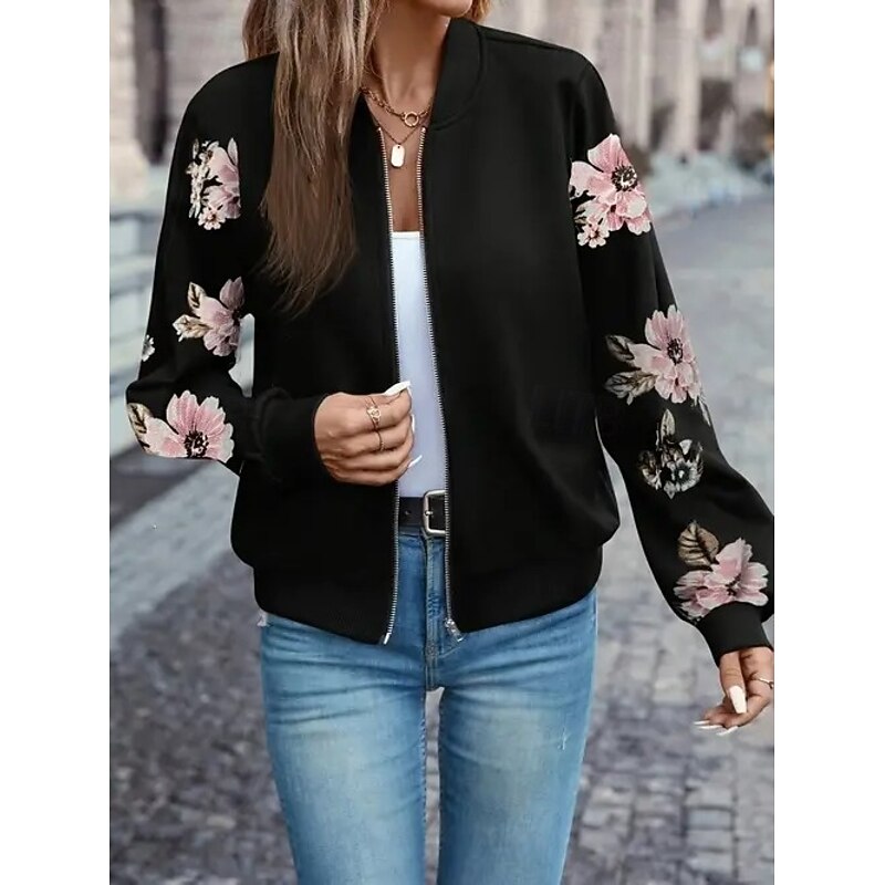 Women's Bomber Jacket Warm Quick Dry Zipper Pocket Elegant Fashion Daily Simple Floral Vacation Casual Daily Holiday Short Baseball Collar Regular Fit Long Sleeve Outerwear Pink Red Fall2