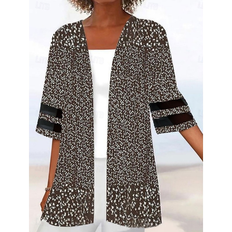 Women's Casual Jacket Breathable Comfortable Patchwork Print Casual Floral Vacation Street Daily Wear Going out Open Front Regular Collarless Regular Fit 3/4 Length Sleeve Outerwear Black Green Dark3