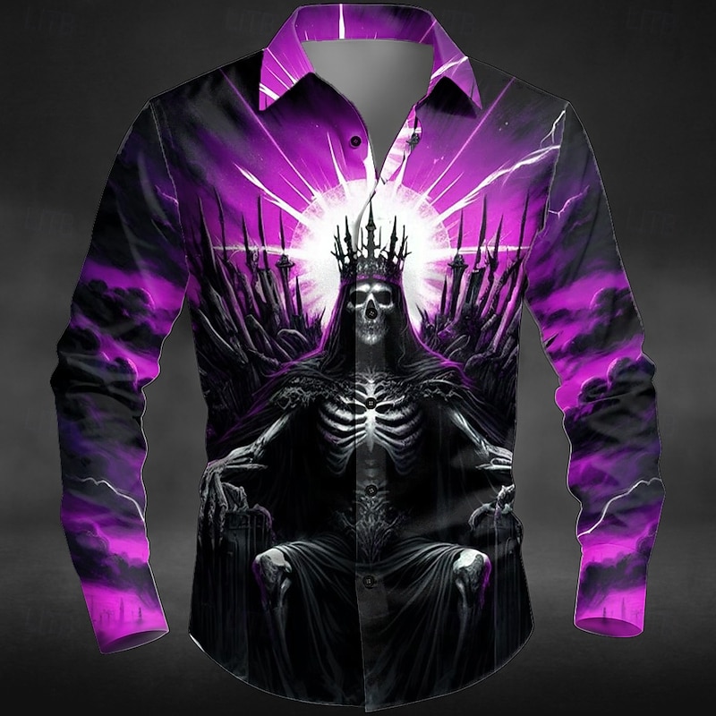 Halloween Men's Skeleton King Death Shirt Button Up Shirt Long Sleeve Dark Punk Gothic Style Outdoor Holiday Summer Spring Turndown 3D Print Collared Shirts Red Purple Orange