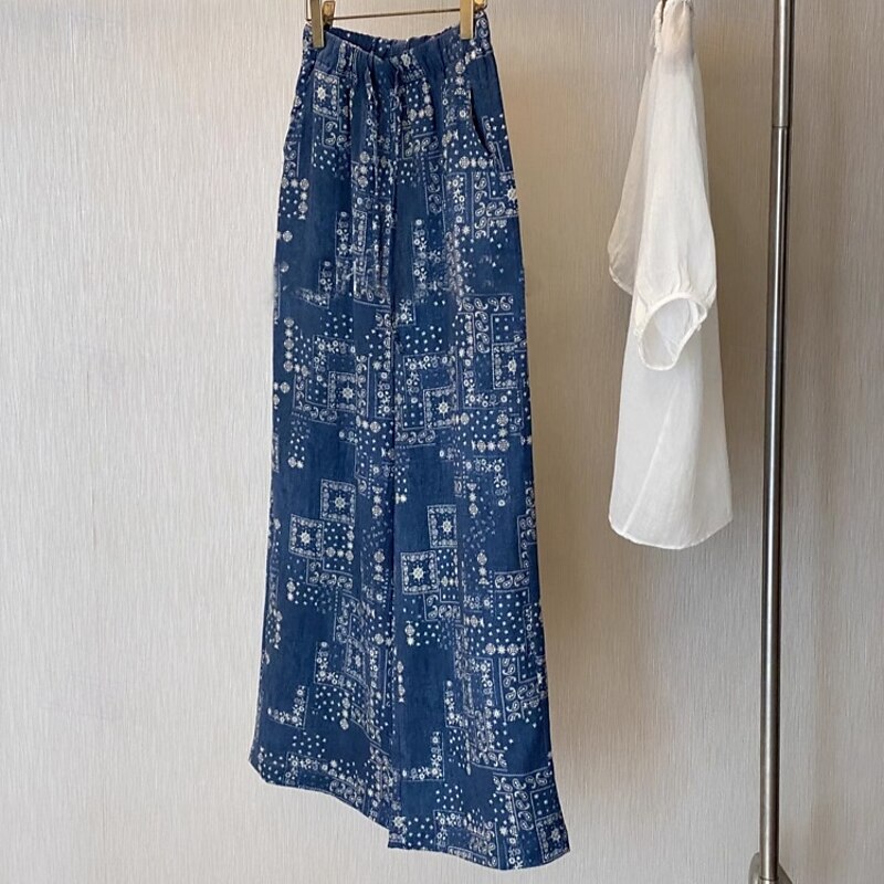 Women's Cotton Linen Pants Wide Leg Chinos Vacation Vintage Ethnic Style Full Length Mid Waist Paisley Drawstring Elastic Waist Comfy Breathability Soft Inelastic Vacation Causal Casual Blue Summer2