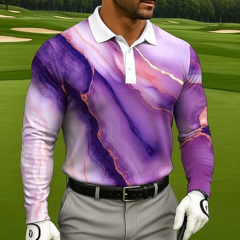 Men's Marble Polo Long Sleeve Polo Shirts Lapel Casual Athleisure Daily Wear 3D Print Buttons Spring Fall Winter Yellow Blue Purple4