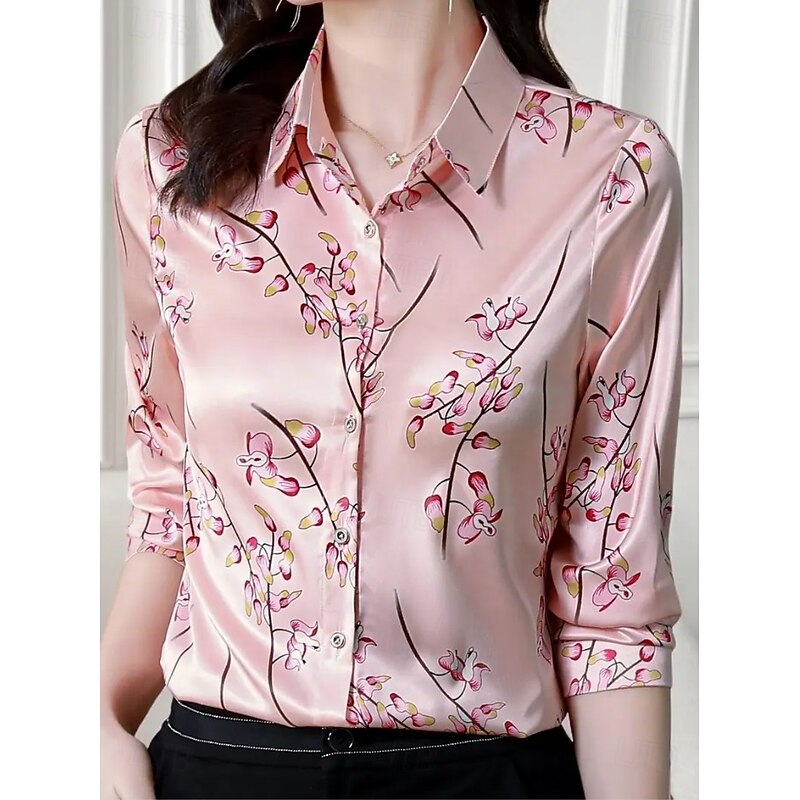 Women's Work Shirt Floral Elegant Stylish Casual Long Sleeve Shirt Collar Regular Tops Work Party Evening Wear Date Night Outfits Black White Pink Blue Fuchsia Spring, Fall, Winter, Summer3