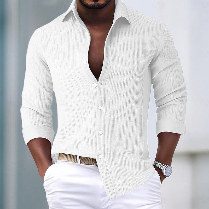 Men's Shirt Waffle Shirt Summer Shirt Casual Shirt Button Up Shirt White Pink Green khaki Dark Gray Long Sleeve Plain Lapel Vacation Casual Clothing Apparel Fashion Casual Comfortable4